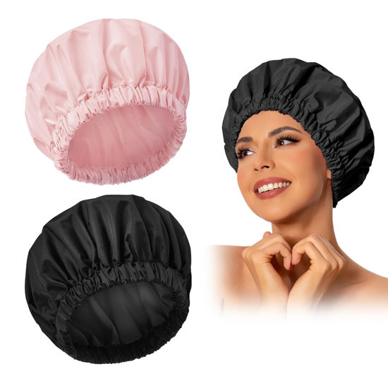 Picture of Reusable Shower Cap for Women, Large Waterproof Shower Bonnet Washable Elastic Band Bath Hair Hat for Long Hair, Braids(Pink&Black)
