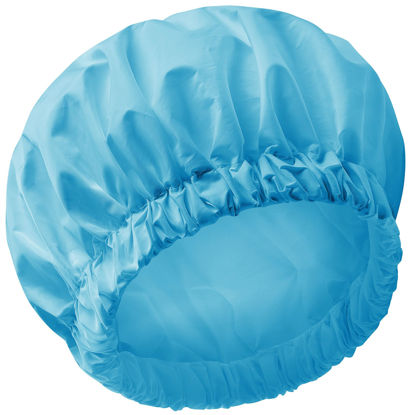 Picture of Reusable Shower Cap for Women, Large Waterproof Shower Bonnet Washable Elastic Band Bath Hair Hat for Long Hair, Braids(Lake Blue)