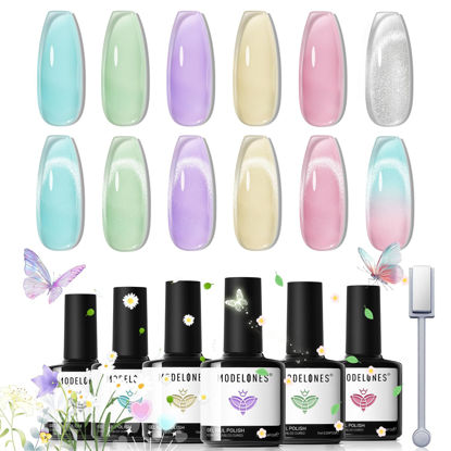 Picture of Modelones Gel Nail Polish Set, 6 Translucent Colors Pastel Sheer Pink Yellow Lavender Purple Baby Blue Mint Green Jelly Gel Polish Silver Cat Eye Gel Polish W Magnet Soak Off LED Nail Art Gel DIY Gift