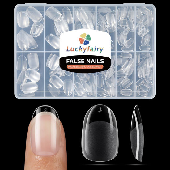 Picture of Luckyfairy Short Oval Round Nail Tips - 240 Pcs Half Matte Clear Gel x Acrylic Nail Tips Full Cover Soft Gel Short Oval Press On Nails Pre-Shaped For Nail Extension Art DIY Salon 12 Sizes