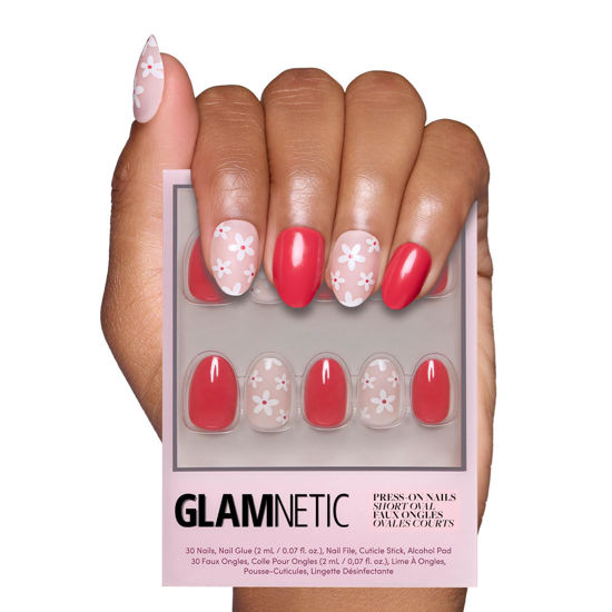 Picture of Glamnetic Press On Nails - Red Blossom | Short Oval Nails with Floral Accents, Reusable Stick On Fake Nails with Glue | Love In Bloom Valentine’s Nails | 15 Sizes - 30 Nail Kit with Glue