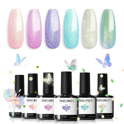 Picture of modelones Gel Nail Polish Set, 6 Colors Sping Pastel Candy Mermaid White Pink Glitter Gel Polish Baby Blue Purple Galaxy Sparkle Shimmer Pearl Nail Gel Polish Soak Off LED Nail Art Gel Salon DIY Gift