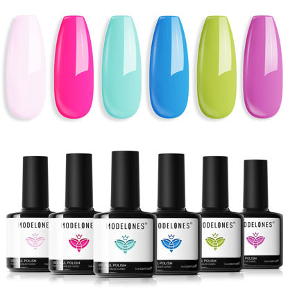 Picture of modelones Gel Nail Polish Set, 6 Colors Spring Pastel Mint Purple Light Pink Gel Polish Summer Rainbow Bright Neon Green Blue Hot Pink Nail Gel Polish Soak Off LED Nail Art Gel DIY Salon Gift