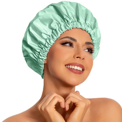 Picture of Reusable Shower Cap for Women, Large Waterproof Shower Bonnet Washable Elastic Band Bath Hair Hat for Long Hair, Braids(Green Bean)