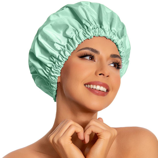 Picture of Reusable Shower Cap for Women, Large Waterproof Shower Bonnet Washable Elastic Band Bath Hair Hat for Long Hair, Braids(Green Bean)