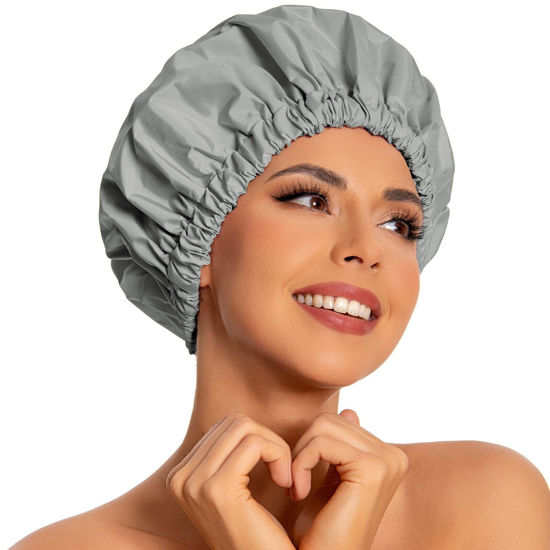 Picture of Reusable Shower Cap for Women, Large Waterproof Shower Bonnet Washable Elastic Band Bath Hair Hat for Long Hair, Braids(Dark Grey)