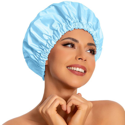 Picture of Reusable Shower Cap for Women, Large Waterproof Shower Bonnet Washable Elastic Band Bath Hair Hat for Long Hair, Braids(Light Blue)