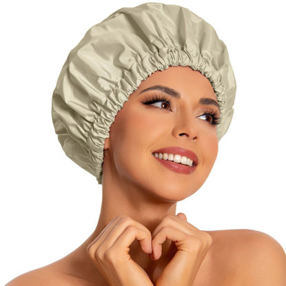 Picture of Reusable Shower Cap for Women, Large Waterproof Shower Bonnet Washable Elastic Band Bath Hair Hat for Long Hair, Braids(Gray Yellow)