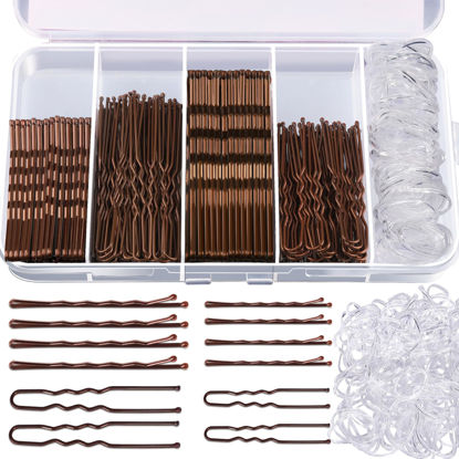 Picture of Teenitor 300pcs Bobby Pins Hair Pins Kit, 100 Hair Pins for Women 100 Bobby Pins Brown Hair and 100 Hair Bands, Hair Pins for Buns, U Shape Pins 2inch 2.36inch Bobby Pins for Women 2inch, 2.75inch