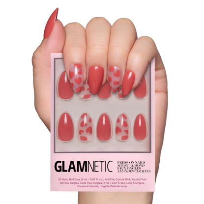 Picture of Glamnetic Press On Nails - Love Me | Red Short Almond Nails with Heart Accents, Reusable Stick On Fake Nails with Glue | Love In Bloom Valentine’s Nails | 15 Sizes - 30 Nail Kit with Glue