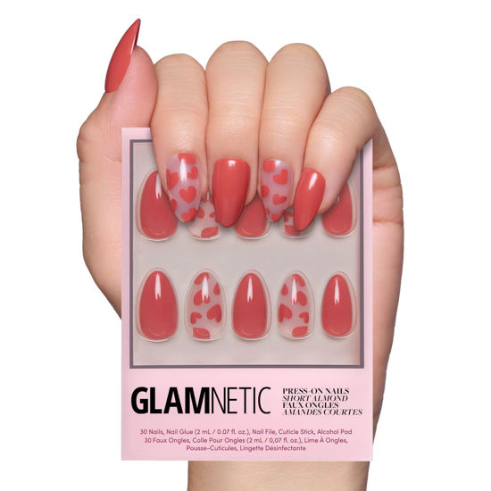Picture of Glamnetic Press On Nails - Love Me | Red Short Almond Nails with Heart Accents, Reusable Stick On Fake Nails with Glue | Love In Bloom Valentine’s Nails | 15 Sizes - 30 Nail Kit with Glue