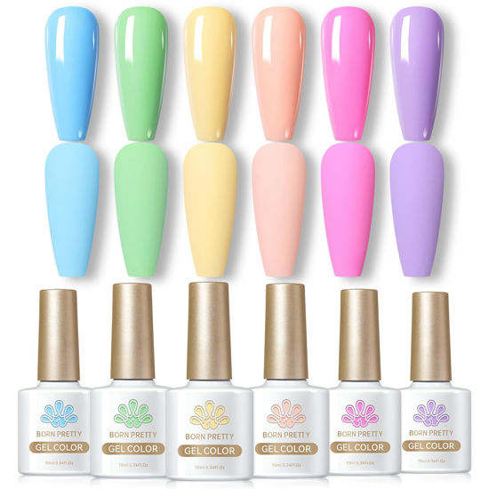 Picture of Born Pretty Pastel Gel Nail Polish Macaron Candy Sweet Color Gel Polish Spring Summer Gel Polish Nude Pink Yellow Purple Blue Green Colors Easter Collection Nail Art Gift Box 10ML 6PCS