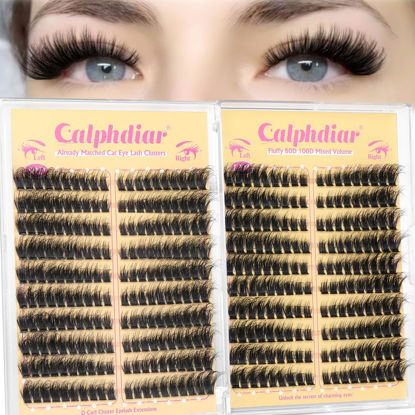 Picture of Fluffy Cat Eye Individual Lashes 80D+100D Volume Cluster Eyelash Extensions D Curl Lash Clusters 10-18mm Eyelash Clusters 380pcs Light & Right Cluster Lashes Thick Lash Extension Easier to Use