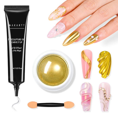Picture of Makartt 3D Nail Gel with Gold Chrome Nail Powder Kit, Clear Molding Gel for Nail Art, 15g Sculpting Glue Polish and Metallic Effect Mirror Powder Set for Nail Decoration Manicure Charms