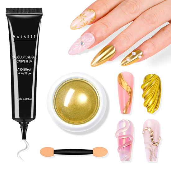 Picture of Makartt 3D Nail Gel with Gold Chrome Nail Powder Kit, Clear Molding Gel for Nail Art, 15g Sculpting Glue Polish and Metallic Effect Mirror Powder Set for Nail Decoration Manicure Charms