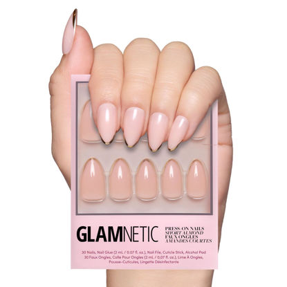 Picture of Glamnetic Press On Nails - Gold Standard | Short Almond Nails with Gold French Tips, Reusable Stick On Fake Nails with Glue | Love In Bloom Valentine’s Nails | 15 Sizes - 30 Nail Kit with Glue