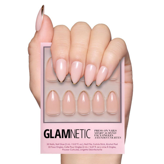 Picture of Glamnetic Press On Nails - Gold Standard | Short Almond Nails with Gold French Tips, Reusable Stick On Fake Nails with Glue | Love In Bloom Valentine’s Nails | 15 Sizes - 30 Nail Kit with Glue