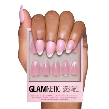 Picture of Glamnetic Press On Nails - Lovers Blush | Pink Short Almond Nails with Glossy Velvet Finish, Reusable Stick On Fake Nails with Glue | Love In Bloom Valentine’s Nails | 15 Sizes - 30 Nail Kit with Glue