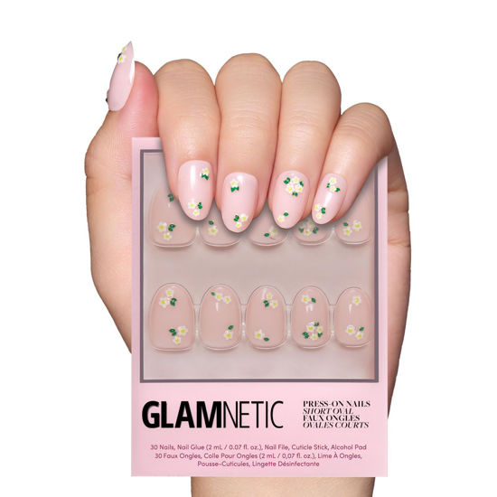Picture of Glamnetic Press On Nails - Petals | Short Oval Nails with Floral Accents, Reusable Stick On Fake Nails with Glue | Love In Bloom Valentine’s Nails | 15 Sizes - 30 Nail Kit with Glue