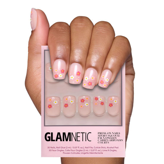 Picture of Glamnetic Press On Nails - Pretty Bloom | Short Squoval Nails with Flower Accents, Reusable Stick On Fake Nails with Glue | Love In Bloom Valentine’s Nails | 15 Sizes - 30 Nail Kit with Glue