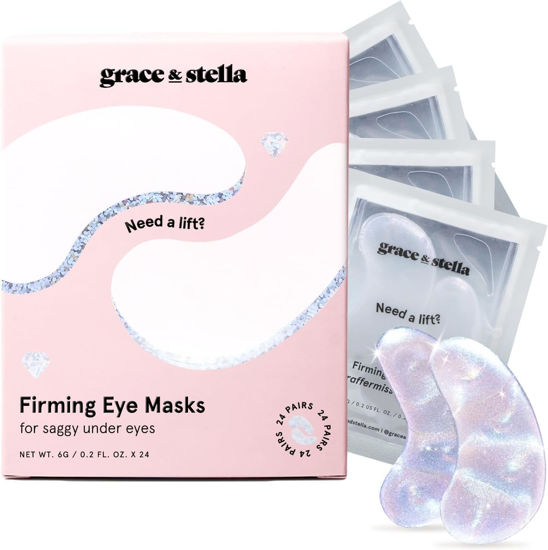 Picture of grace & stella Under Eye Patches with Peptides & Rice Extract - Firming Eye Masks for Dark Circles and Puffiness - Iridescent Eye Mask Patches for Firmer-Looking Skin - Vegan, Cruelty-Free, 24 Pairs