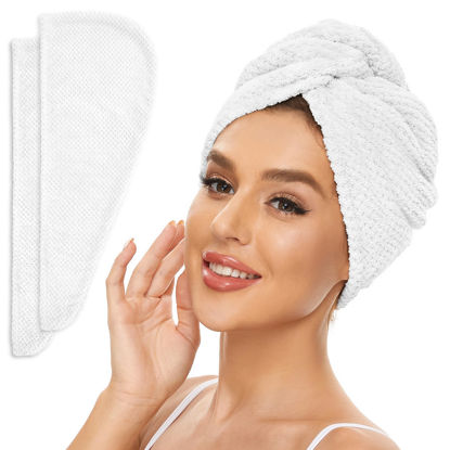 Picture of SimpleField 2 Pack Microfiber Hair Towel Wrap for Women, Anti Frizz Quick Drying Hair Turban for All Hair Style, Absorbent and Lightweight (Bright White)
