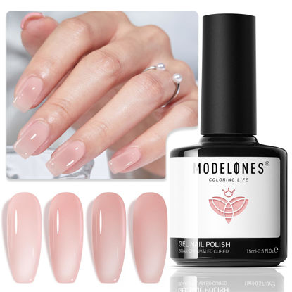 Picture of Modelones Nude Gel Nail Polish, 15 ML Jelly Natural Pink Translucent Color Soft off UV Light Cure Sheer Gel Polish for Jelly Nail Art DIY Manicure Gift Clean Girl Nails