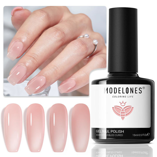 Picture of Modelones Nude Gel Nail Polish, 15 ML Jelly Natural Pink Translucent Color Soft off UV Light Cure Sheer Gel Polish for Jelly Nail Art DIY Manicure Gift Clean Girl Nails
