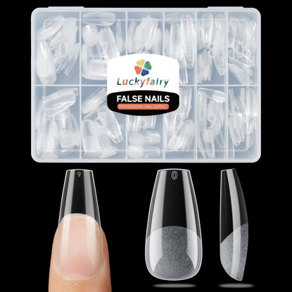 Picture of Luckyfairy Medium Gel x Coffin Nail Tips, 240pcs Soft Gel Pre-Shaped Acrylic Fake Nails, Half Matte Full Cover Clear Press on Flase Nail Tips for Extension Nail Manicure Home DIY 12 Sizes Gelly Tips