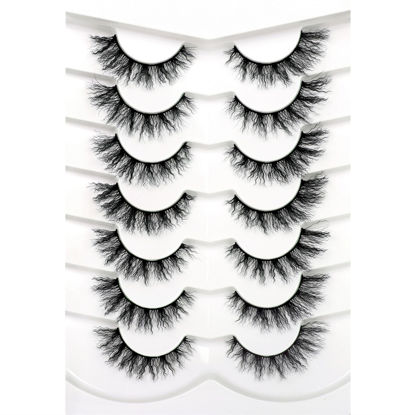 Picture of Pooplunch False Eyelashes Pre-Permed Curl Cat Eye Look Wispy Fluffy Natural Fake Eyelashes 8D Volume Faux Mink Lashs 7 Pairs Pack