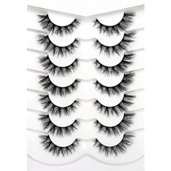 Picture of Pooplunch False Eyelashes Pre-Permed Curl Cat Eye Look Wispy Fluffy Natural Fake Eyelashes 8D Volume Faux Mink Lashs 7 Pairs Pack