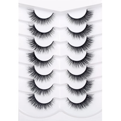 Picture of Pooplunch False Eyelashes Fluffy Natural Cat Eye Look Wispy Extensions Fake Eyelashes Faux Mink Lashes 7 Pairs Pack