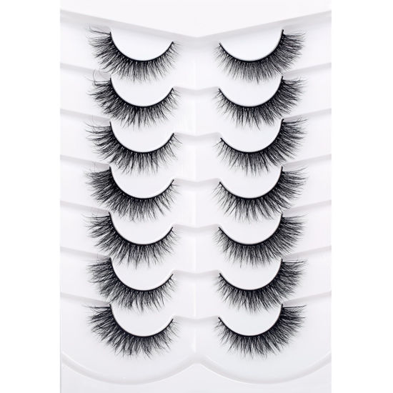 Picture of Pooplunch False Eyelashes Fluffy Natural Cat Eye Look Wispy Extensions Fake Eyelashes Faux Mink Lashes 7 Pairs Pack