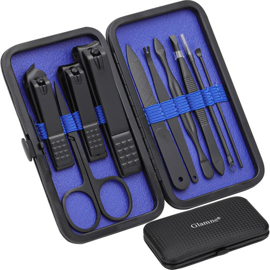 Picture of Glamne Manicure Set Nail Clippers Kit Professional Stainless Steel Nail Care Tools with Leather Travel Case 10 in 1 Blue