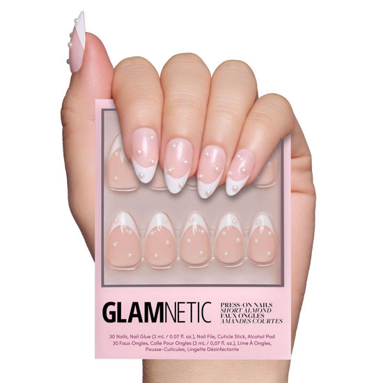 Picture of Glamnetic Press On Nails - French Pearl | Short Almond French Tip Nails with Pearl Accents, Reusable Stick On Fake Nails with Glue | Love In Bloom Valentine’s Nails | 15 Sizes - 30 Nail Kit with Glue