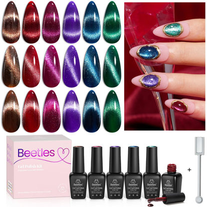Picture of Beetles Cat Eye Gel Nail Polish Set 6 Colors, Glitter Red Shiny Brown Burgundy Purple Blue Green Magnetic Effect Sparkle Stunning Nail Gel Polish Gifts for Women, 2025 Limited Colors