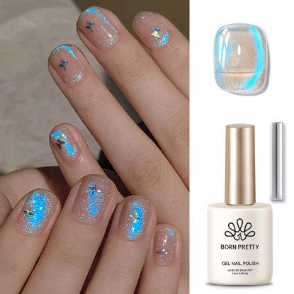 Picture of Born Pretty Cat Magnetic Eye Gel Nail Polish, Blue Auroras Cat Magnetic Gel, Mermaid Shiny Effect Pink Soak Off Nail Art Salon Manicure Home Gift 15ml