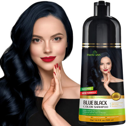 Picture of Herbishh Hair Color Shampoo - Magic Long-Lasting Hair Dye for Gray Hair Coloring in Minutes - 500 Ml - 3-In-1 Ammonia-Free Formula (Blue Black)