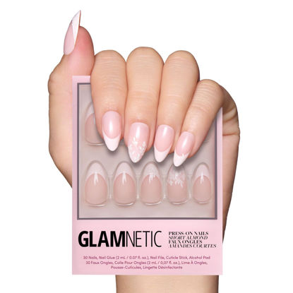 Picture of Glamnetic Press On Nails - All Time Love | Short Almond Nails with French Tips and Leaf Accents, Reusable Stick On Fake Nails | Love In Bloom Valentine’s Nails | 15 Sizes - 30 Nail Kit with Glue