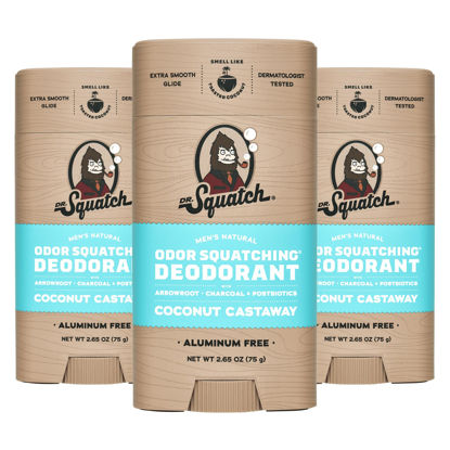 Picture of Dr. Squatch Natural Deodorant for Men 3 Pack Coconut Castaway - Odor-Squatching Men's Deodorant Aluminum Free (2.65 oz, 3 Pack)