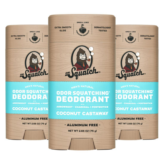 Picture of Dr. Squatch Natural Deodorant for Men 3 Pack Coconut Castaway - Odor-Squatching Men's Deodorant Aluminum Free (2.65 oz, 3 Pack)