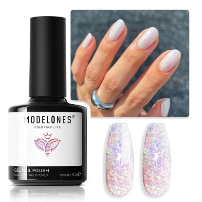 Picture of modelones Glitter Gel Nail Polish, 1 PCS 15ML Glitter Sparkly Shiny Holographic Gel Polish Soak OFF LED Nail Art Rainbow Reef Purple Shimmer Gel Nail Manicure Salon DIY Nails Gift for Women
