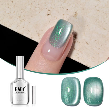 Picture of GAOY Teal Cat Eye Gel Nail Polish, 16ml Green Glitter Holographic Nail Polish with Magnet, Reflective Translucent UV Gel, 2930 Shimmering Lake