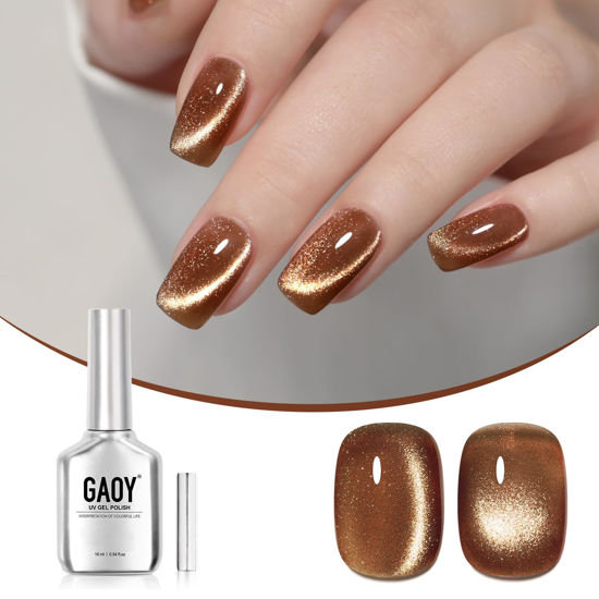 Picture of GAOY Jelly Brown Cat Eye Gel Nail Polish, 16ml Glitter Holographic Nail Polish with Magnet, Reflective Translucent UV Gel, 2956 Glowing Amber