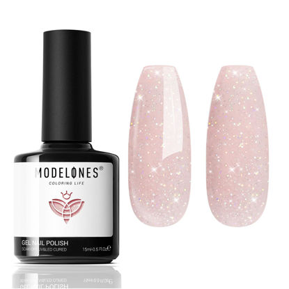 Picture of modelones Nude Gel Nail Polish, 15 ML Nude Pink Gel Polish Glitter Iridescent Shimmer Pigment Jelly Neutral Color Skin Tone Sparkle Pink Natural Soak off U V LED Cured for Home Salon DIY Nail Art