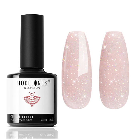 Picture of modelones Nude Gel Nail Polish, 15 ML Nude Pink Gel Polish Glitter Iridescent Shimmer Pigment Jelly Neutral Color Skin Tone Sparkle Pink Natural Soak off U V LED Cured for Home Salon DIY Nail Art