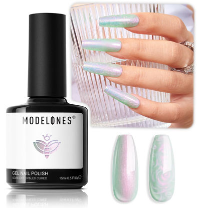 Picture of modelones Pearl Gel Nail Polish, 15 ML Shimmer Pearl Light Green Mermaid Nail Drawing Gel Polish Soak Off Uv Led Pearlescent Gel Polish Swirl Shell Thread Effect DIY Manicure Gift for Girls Women