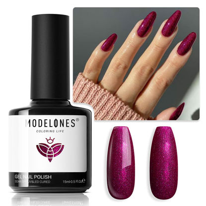 Picture of modelones Red Gel Nail Polish, 15 ML Chameleon Purple-Pink Gel Polish Holographic Nail Polish Red Shimmer Glitter Gel Polish Soak Off LED Winter Nail Art Gel DIY Salon Gift for Women