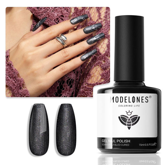 Picture of Modelones Black Gel Nail Polish, 15 ML Chameleon Black Gel Polish Holographic Nail Polish Black Shimmer Glitter Gel Polish Soak Off LED Winter Nail Art Gel DIY Salon Gift for Women