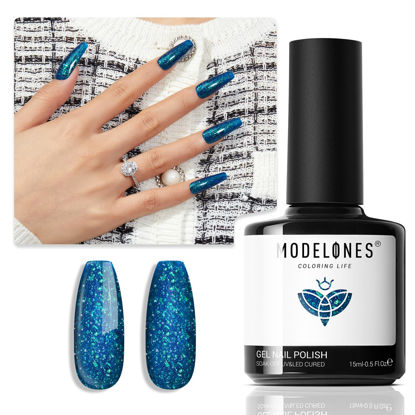 Picture of modelones Gel Nail Polish, 15 ML Chameleon Blue Gel Polish Holographic Nail Polish Blue Shimmer Rainbow Glitter Gel Polish Soak Off LED Winter Nail Art Gel DIY Salon Gift